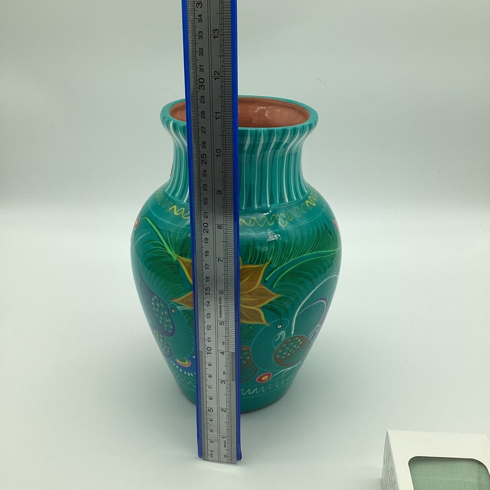 Unbranded 10in Teal Mexican Folk Art Pottery Vase Hand Painted Bird Floral Decor